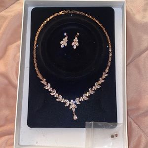 Rose Gold Plated- Cubic Zirconia Teardrop Bridal Necklace and Drop Earring set